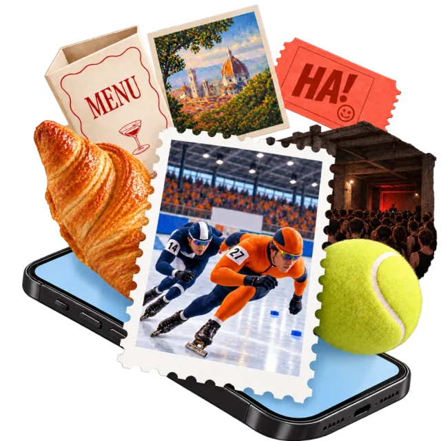 A speed-skating stamp overlapping a blank-screen phone, with a dark underground techno club, restaurant menu, croissant, tennis ball, art postcard, and comedy ticket emerging from it